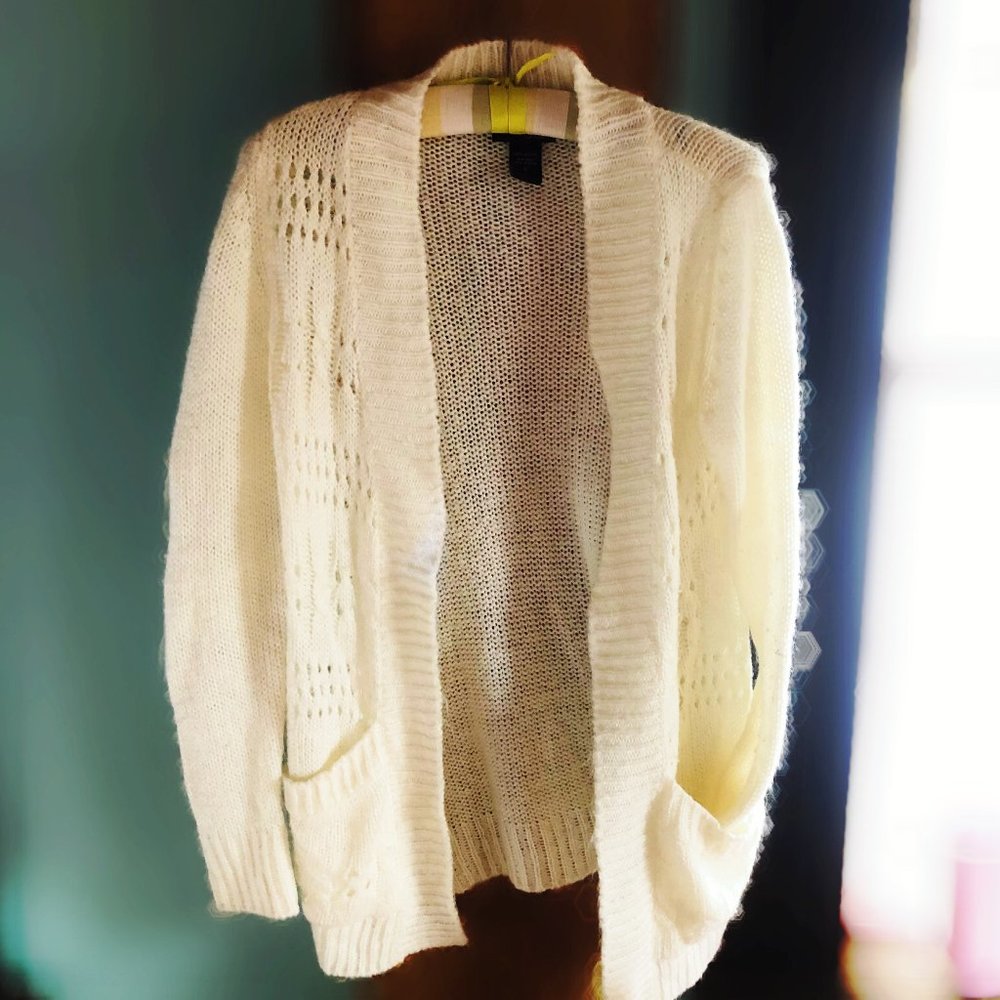 White Knit Long Sleeve Cardigan - Open Front - S